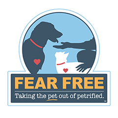 Fear Free logo. Prairie Ly Mobile Veterinary Care is proud to be fear free certified! We're taking the pet out of petrified